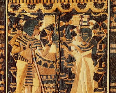 Bovenpaneel van een kist, uit het graf van Toetanchamon, Nieuwe Koninkrijk (hout, brons, ivoor & gekleurd glazuur) door Egyptian 18th Dynasty