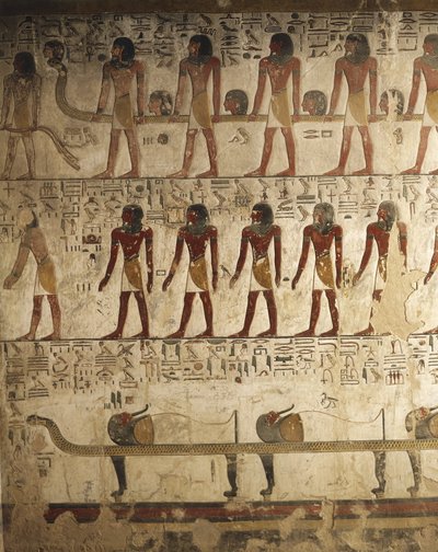 Egypte, Luxor, Vallei der Koningen, Graf van Seti I, Reliëf van geschilderde scènes uit Boek der Poorten door Egyptian 19th Dynasty