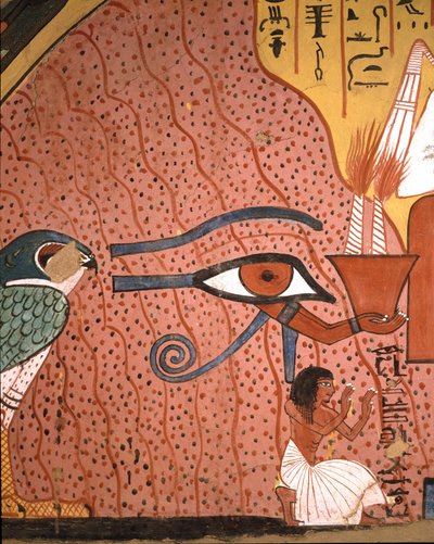 Egyptische oudheid: de ambachtsman Pached knielt in aanbidding naast hem, het oog van Horus Oudjat door Egyptian 19th Dynasty