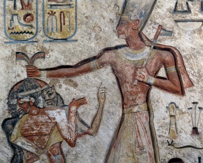 Ramesses II houdt gevangenen bij hun haar vast, Detail, Egyptische beschaving, Nieuwe Koninkrijk, Dynastie XIX door Egyptian 19th Dynasty