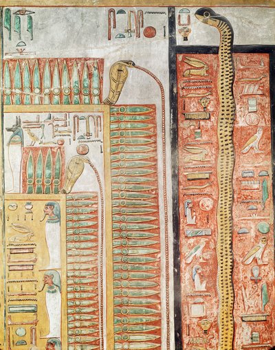 Reliëf met het pad dat de doden moeten oversteken naar het hiernamaals, uit het graf van Seti I door Egyptian 19th Dynasty