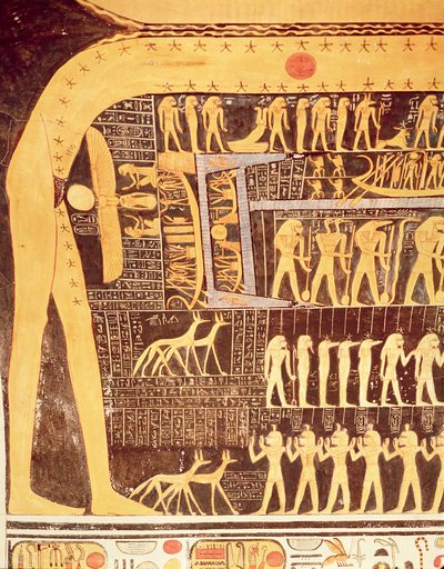 Detail uit het Boek van de Dag van het plafond van de grafkamer van het graf van Ramses VI (r.1143-1136 v.Chr.) Nieuwe Koninkrijk (muurschildering) door Egyptian 20th Dynasty