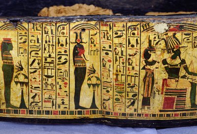 Detail van de buitenste kistbasis van de mummie van Nesyamun, mogelijk gevonden in Deir El-Bahri, Nieuwe Koninkrijk, c.1100 v.Chr. (beschilderd hout) door Egyptian 20th Dynasty