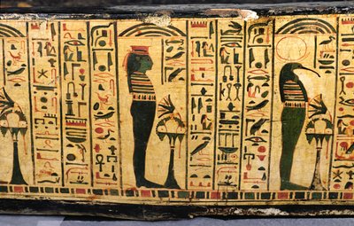 Detail van de buitenste kistbasis van de mummie van Nesyamun, mogelijk gevonden in Deir El-Bahri, Nieuwe Koninkrijk, c.1100 v.Chr. door Egyptian 20th Dynasty
