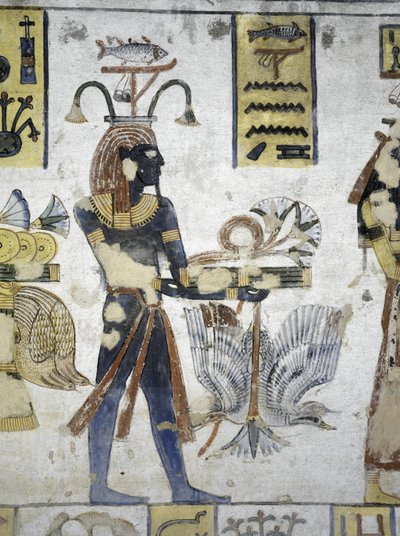Egypte, Thebe, Luxor, Vallei der Koningen, Graf van Ramses III, muurschildering van rituele offers, uit de twintigste dynastie door Egyptian 20th Dynasty