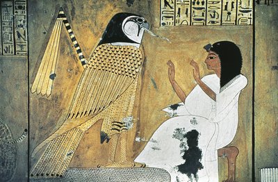 Muurschildering van scène uit Boek van de Doden, transformatie in Gouden Valk door Egyptian 20th Dynasty