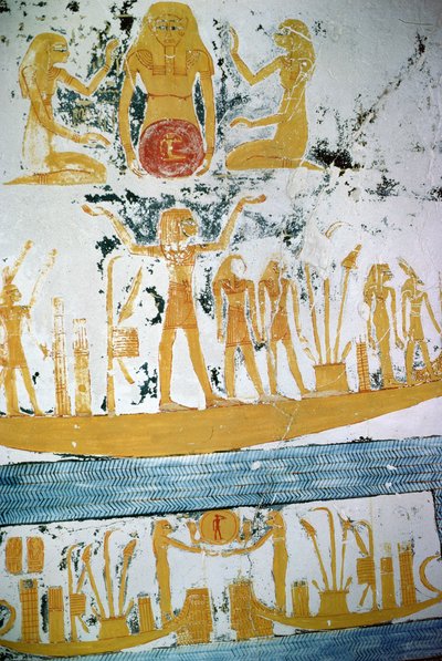 Re in de Nachtboot, uit het Graf van Ramses VI, Nieuwe Koninkrijk (c.1145-1137 v.Chr.) door Egyptian 20th Dynasty