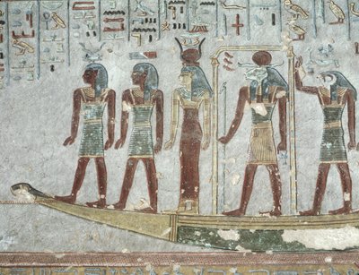 Reliëf met Khnum in een begrafenisbark die door de onderwereld vaart, uit het graf van Ramses III door Egyptian 20th Dynasty