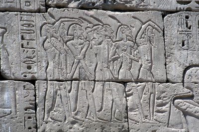 Reliëf met afbeelding van noordelijke gevangenen bij de Slag van Ramses III, Grote Tempel van Medinet door Egyptian 20th Dynasty