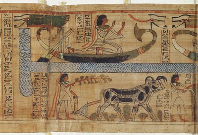 Detail uit het Dodenboek van de priester Aha-Mer met afbeelding van een bark en een landbouwscène, Derde Tussenperiode door Egyptian 21st Dynasty