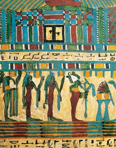 Gips- en beschilderd houten paneel detail met oordeelkamer en god Osiris gevolgd door godheden, uit Sarcofaag van Usai, Thebe door Egyptian 26th Dynasty