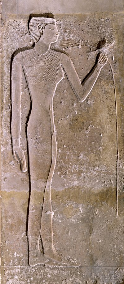Zuil met een vrouw die aan een lotus ruikt, Oude Koninkrijk, 2423-2263 v.Chr. door Egyptian 5th Dynasty