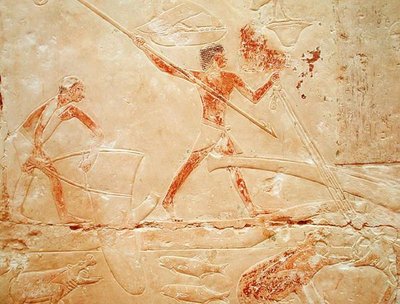Reliëf dat vissen met een net en het harpoeneren van een nijlpaard afbeeldt, uit het graf van prinses Idut, Oude Koninkrijk, c.2330 v.Chr. (beschilderde kalksteen) door Egyptian 6th Dynasty Egyptian 6th Dynasty