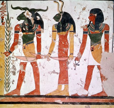 Graf van Nefertari met de goden Knoum en Sekeuti (fresco) door Egyptian Egyptian