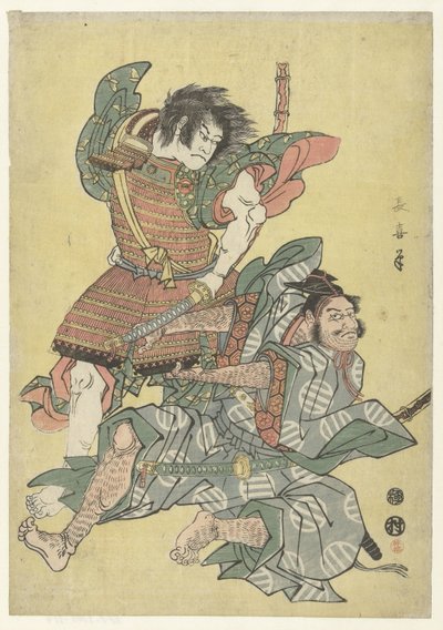 Asahina no Saburo in gevecht met Soga no Goro door Eishōsai Chōki
