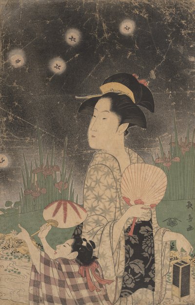 Vrouw en Kind Vangen Vuurvliegjes, ca. 1793 door Eishōsai Chōki