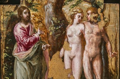 Draagbaar altaar achterkant: Adam en Eva tegenover de Eeuwige Vader (detail) door El Greco