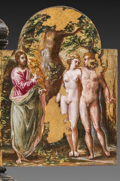 Draagbaar altaar achterkant: Adam en Eva tegenover de Eeuwige Vader (detail) door El Greco