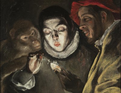 Een allegorie met een jongen die een kaars aansteekt in gezelschap van een aap en een dwaas (Fábula) door El Greco
