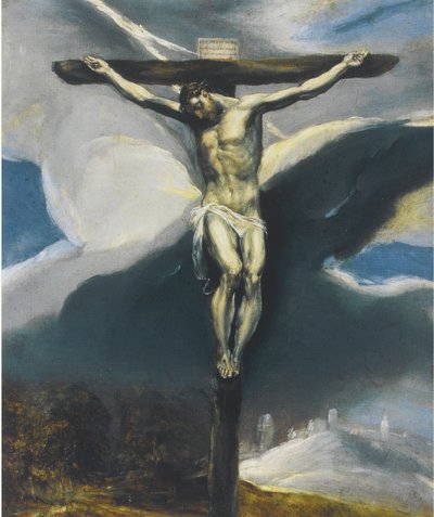 Christus aan het kruis in een landschap door El Greco