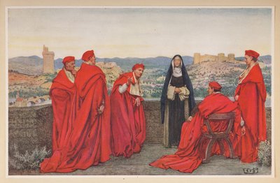 Sint-Catharina van Siena onderhandelt met paus Gregorius XI namens de Florentijnen. door Eleanor Fortescue Brickdale