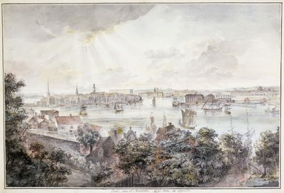 Een uitzicht op Stockholm vanaf Söder met het Koninklijk Paleis, Storkyrkan, Riddarholmskykan en Tyska kyrkan door Elias Martin