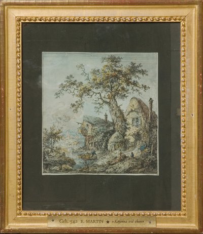 Landschaft mit Bauernhof oder Hütten bei der Eiche door Elias Martin