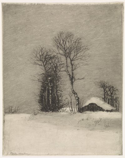 Winterlandschap met boerderij en bomen door Elias Stark