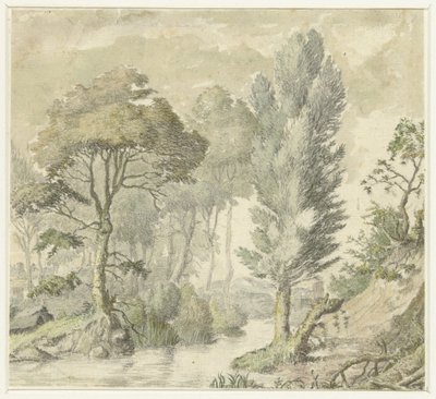 Boslandschap met rechts een heuvel en in het midden water door Elias van Nijmegen