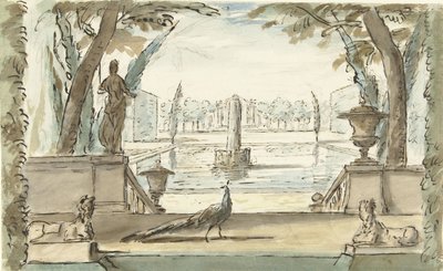 Gezicht in een tuin met een vijver, een fontein en een pauw door Elias van Nijmegen