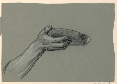 Tekening, detail van onderarm en hand die cirkelvormig voorwerp vasthoudt, ca. 1885 door Elihu Vedder
