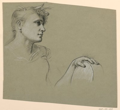 Tekening, vrouwenprofiel en studie linkerhand, ca. 1885 door Elihu Vedder