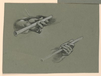 studies van twee handen die fluiten vasthouden (?) door Elihu Vedder