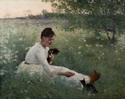 Meisje met katten in een zomers landschap door Elin Danielson Gambogi