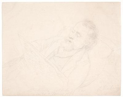 Portretstudie van J. A. Jerichau liggend op een bank en een krant lezend door Elisabeth Jerichau Baumann