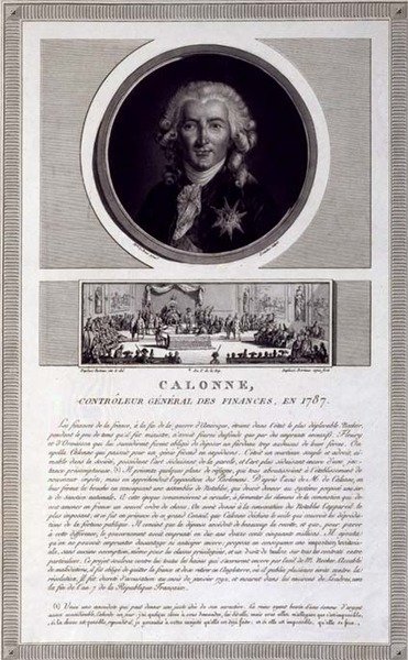 Calonne, controleur-generaal van financiën in 1787, portret gegraveerd door Charles Levachez, met een scène van de vergadering van de notabelen door Jean Duplessis-Bertaux, ca. 1803 door Elisabeth Louise (after) Vigee Lebrun