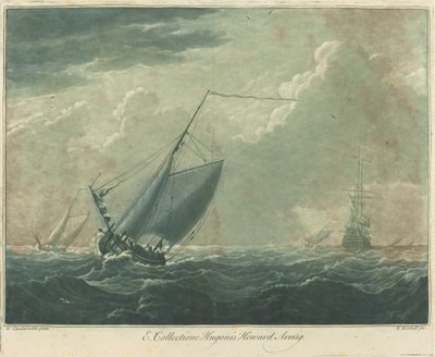 Scheepvaartscène uit de collectie van Hugo Howard door Elisha Kirkall after Willem van de Velde the Elder