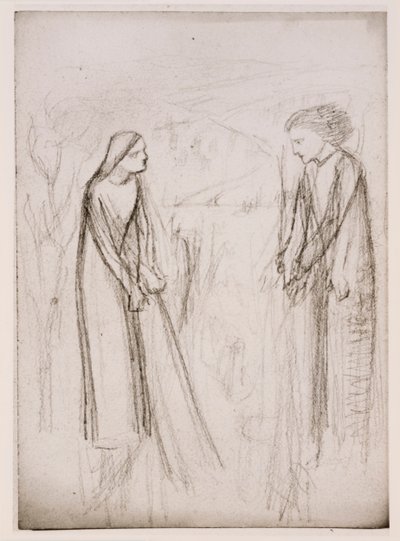Annunciatie, mogelijk, ca 1970-77 (zwart-wit foto afgedrukt op wit papier) door Elizabeth Eleanor (1834 62) (after) Siddal