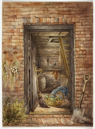 Bakstenen muur met open deur en schop door Elizabeth Murray