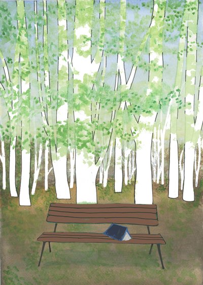 Bank in het bos, 2017 (aquarel en collage) door Elizabeth Rider