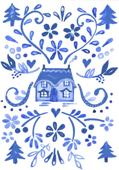 Blue Cottage, 2017 (aquarel) door Elizabeth Rider