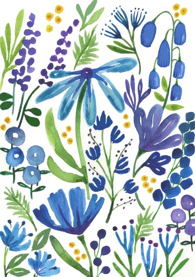 Blauwe bloemen, 2018 (aquarel) door Elizabeth Rider