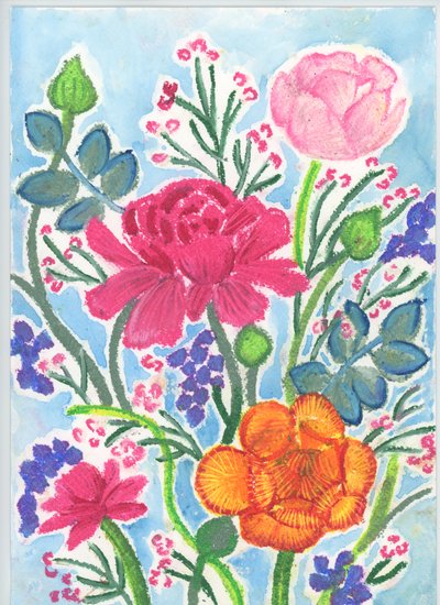 Boeket van ranonkels, 2018 (oliepastel) door Elizabeth Rider