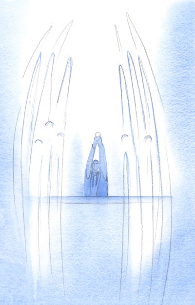 Engelen omringen Christus wanneer Hij verschijnt, verborgen in de Hostie, onder ons; elke daad van geloof die we aanbieden, brengt ons dichter bij de hemel. door Elizabeth Wang