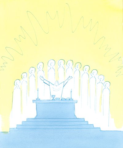 Terwijl we God prijzen tijdens de mis, met en door Christus, prijzen we Hem met de hele kerk, die de heiligen van de hemel omvat - hier rond het altaar - en de heilige zielen door Elizabeth Wang