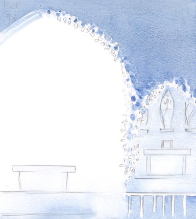 Voordat de Heilige Mis begon, zag ik de kerk onzichtbaar versierd met slingers voor het feest van onze Heilige Vrouwe. door Elizabeth Wang