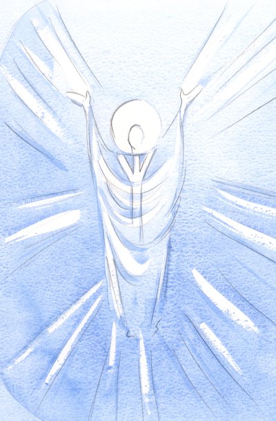 Christus, Verrezen en Glorieus, is Werkelijk Aanwezig in het Heilig Sacrament. Gekleed als priester bidt Hij tot de Vader voor ons door Elizabeth Wang