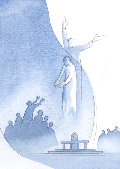 Christus is werkelijk één met ons, door Zijn vlees en bloed, en ook één met de Vader (tot wie Hij ons trekt) vanwege Zijn goddelijkheid. door Elizabeth Wang