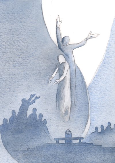 Christus is werkelijk één met ons, door Zijn vlees en bloed, en ook één met de Vader (tot wie Hij ons trekt) vanwege Zijn goddelijkheid. door Elizabeth Wang