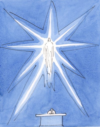 Christus onze God is werkelijk aanwezig bij ons, in Zijn glorie, bij de Consecratie, brandend van heiligheid. door Elizabeth Wang